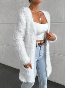 EURMUSE Women Shaggy Soft  Knitted Cardigan With Pockets - White - View 7