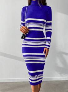 EURMUSE Striped Pattern Turtleneck Bodycon Sweater Dress - Blue and White - View 4