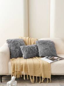 1pc Gray Fuzzy Plush Cushion Cover Without Filler, Modern Flannelette Decorative Throw Pillowcases Zipper Closure For Home, For Sofa, Living Room - Grey - View 6