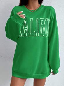 RueChic Sudadera De Manga Larga Con Bordado De Letras - Azul Cadete - View 4