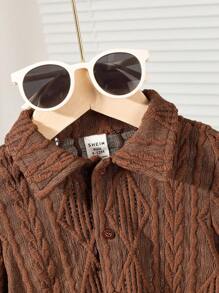 SHEIN Unisex Casual Hollow Out Knitted Soft Round Neck Short Sleeve Cardigan For Baby Boys And Girls,Kids - Khaki - View 5
