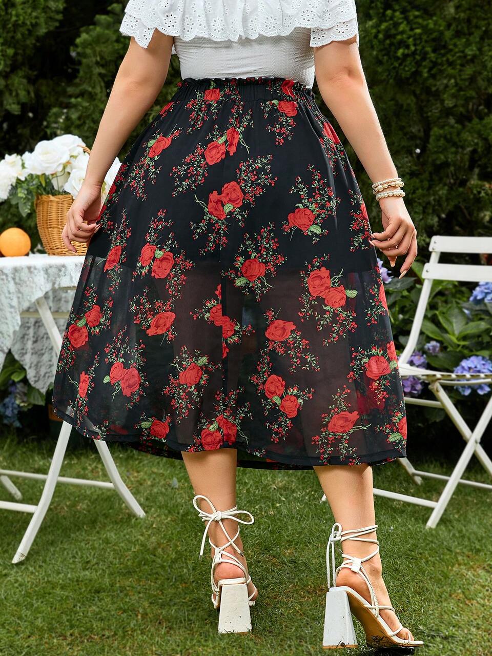 Multi-Colored Black Base High Slit Elastic Waist Romantic Casual Summer Holiday Skirt, Curved Hemline
