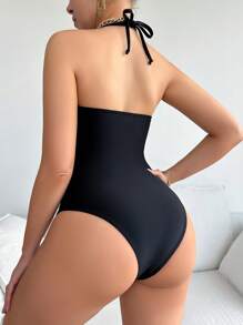 SHEIN Swim 夏季海灘女性露肩性感一片式泳衣，領帶和鈕扣裝飾，適用於度假