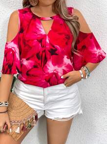 SHEIN VCAY Plus Size Women's Polyester Shoulder-Revealing Shirt - Red - View 5