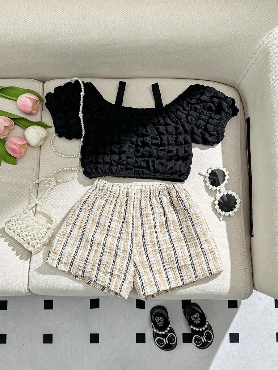 SHEIN Niedliches Bubble-Textur Tank Top und karierte Shorts Set mit elastischem Bund für Baby Mädchen, Sommer