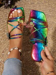 渐变色/拼色金属风格蝴蝶凉鞋，女式交叉细带平底方头一脚蹬罗马凉鞋，露趾 - 彩色 - 查看 3