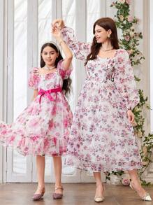 Modelyn Ladies' Holiday Floral Printed Square Neck Long Sleeve Dress - Multicolor - View 3