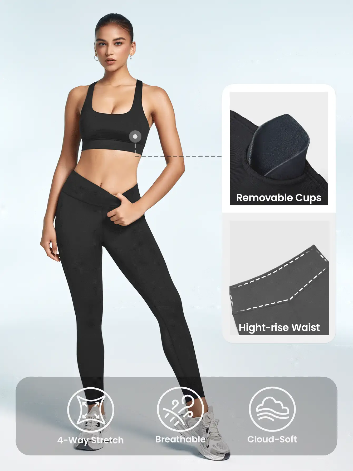 SHEIN Sports Solid Color Round Neck Top And Seamless Tight Sports Suit With Long Pants - Black - View 2