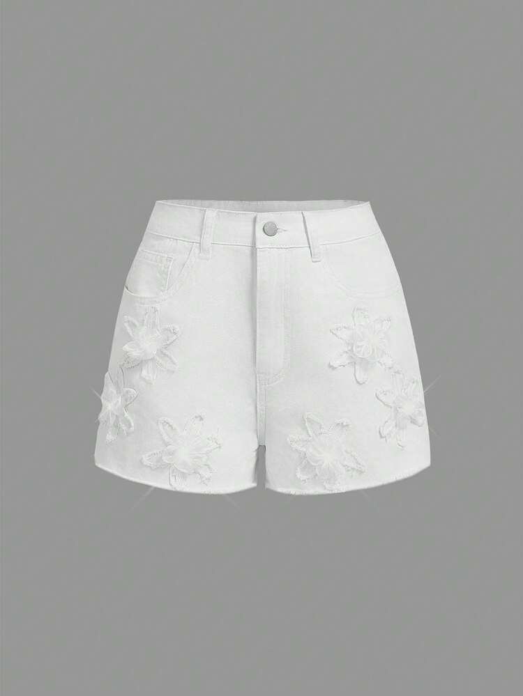 Ladies' Vintage Sweet Tea Break Denim Shorts, White, Embellished With 3D Flowers, 100% Cotton