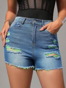 SHEIN SXY Ladies Sexy Ripped Stretch Denim Shorts With Colorful Fabric Belt, Pocket Details And Button Closure - Multicolor - View 5