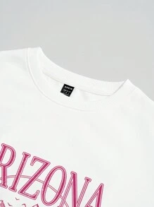 SHEIN EZwear 休闲粉色山脉风景印花超大白色圆领长袖套头运动衫，女式，秋冬季，男女通用