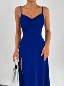 EURMUSE Draped Collar Split Thigh Cami Dress - Royal Blue - View 4