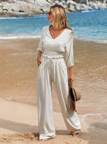 EURMUSE Smock Top Detailed Linen Co-Ord - Beige - View 1