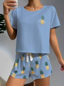 Conjunto de pijama con top de manga corta de cuello redondo y pantalones cortos con estampado de piña - Azul - Ver 5