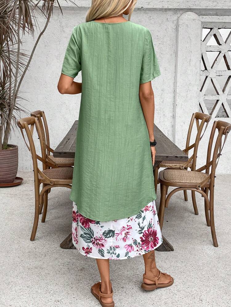 Women's Summer Short Sleeve Casual Flower Print 2 In 1 Dress