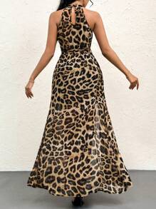 Firerie Vestido elegante de cuello halter con estampado de leopardo y abertura en A para mujer, ideal para vacaciones de verano - Caqui - Ver 6