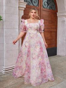 SHEIN Belle Váy xòe xẻ tà cao tay công chúa họa tiết hoa hồng lãng mạn cỡ lớn nhiều lớp, thanh lịch và ngọt ngào, phù hợp cho kỳ nghỉ và sự kiện trang trọng, váy dạ hội dự tiệc cưới, dự tiệc tốt nghiệp, tiệc tối - Nhiều màu - Xem 4