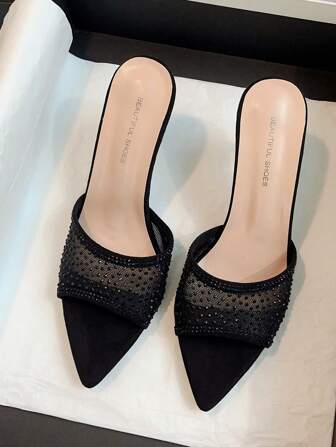女士鑽石裝飾尖頭金字塔高跟涼鞋-性感黑色透明網眼細跟高跟鞋，適合夏日派對