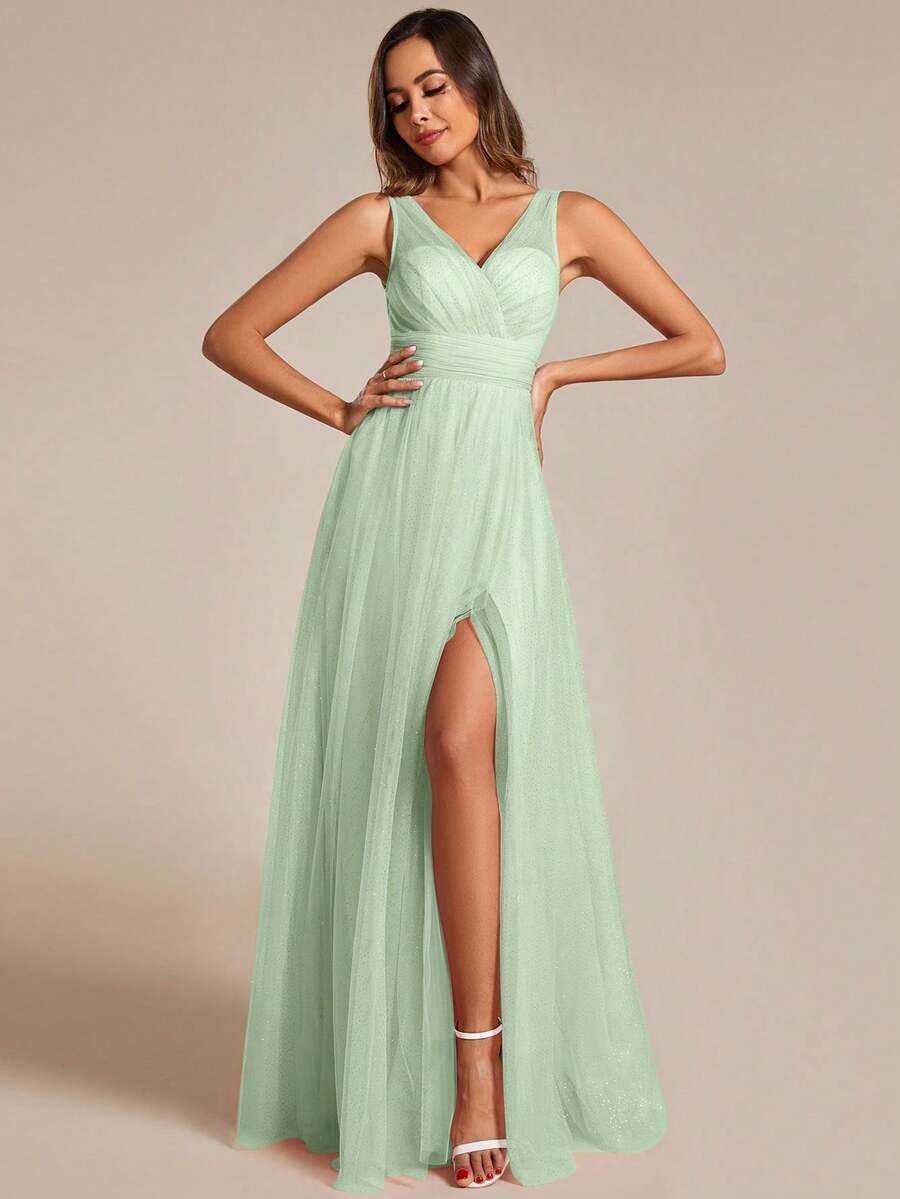 Elegant Deep V-Neck Split Back Bridesmaid Dress For Wedding - Mint Green - View 1