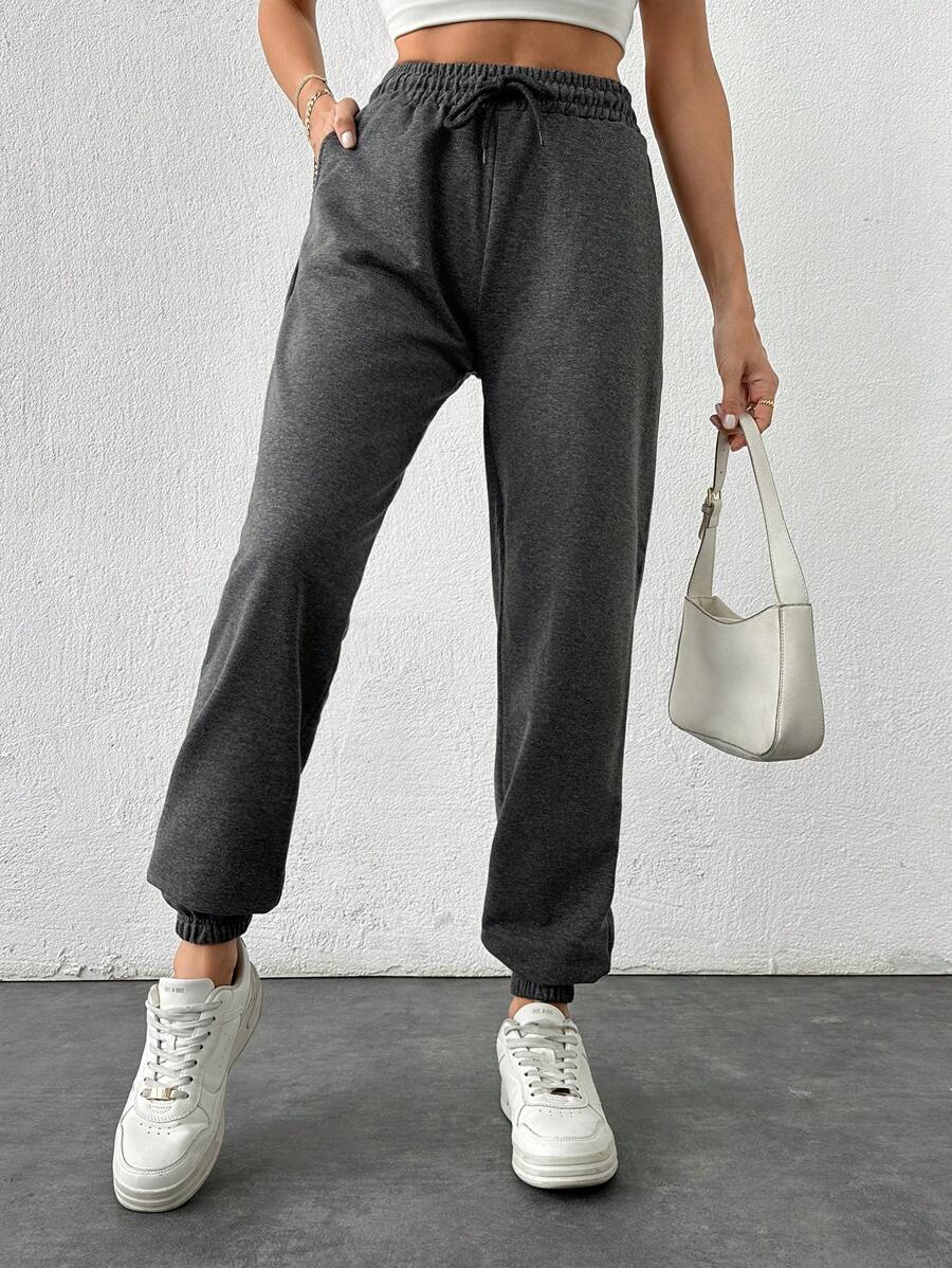 Cloudara Solid Color Drawstring Waist Jogger Pants - Dark Grey - View 1