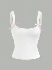 SHEIN EZwear Trang trí nơ mùa hè Áo ba lỗ dệt kim bó sát thông thường - trắng - Xem 1