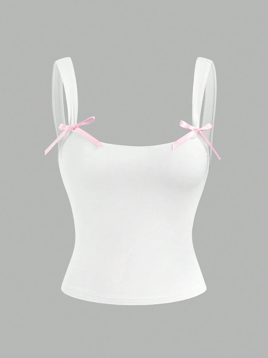 SHEIN EZwear Trang trí nơ mùa hè Áo ba lỗ dệt kim bó sát thông thường - trắng - Xem 1