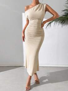 Calvaya Women's Solid Color Asymmetrical Neckline Waist Pleated Mermaid Hem Slim And Elegant Dress