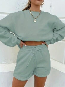 INAWLY 女性休閒純色垂肩長袖套裝衫和短褲