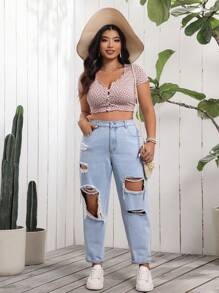 Breezaya Women's Plus Size Fashionable Casual Distressed Casual Denim Pants For Daily Wear - Light Wash - View 6