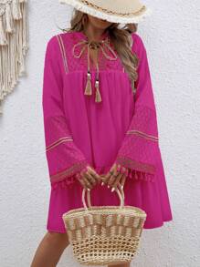 Breezaya Plus Size Holiday Leisure Lace & Woven Belt Splicing Notched Neck Fringed Dress - Hot Pink - View 3