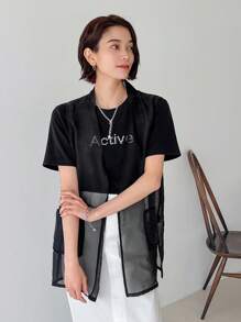 FRIFUL Women's Solid Color Round Neck Sleeveless Mesh Top With Tie And Pocket Sheer - Black - View 6