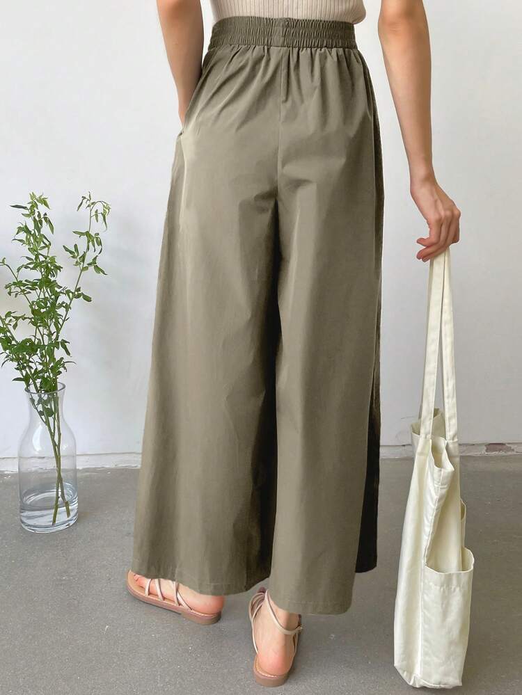 Women's Pleated Design Elastic Waist Wide Leg Pants