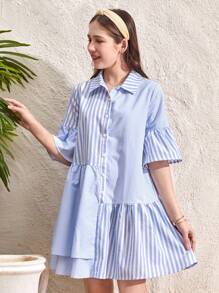 SHEIN Leap Crew Váy dệt đơn giản cho kỳ nghỉ thường ngày của bé gái tuổi teen, áo cánh xếp nếp sọc bất đối xứng màu xanh và trắng - Xanh và trắng - Xem 5