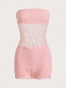 SHEIN ICON Lace Contrast Strapless Bodycon Jumpsuit Unitard, Summer - Pink - View 1