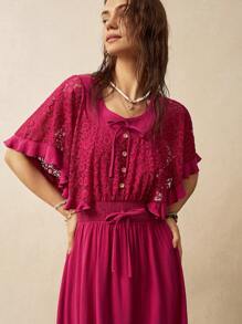 Bohemela Boho Retro Contrast Lace Waist Cinched Women's Dress - Red - View 5