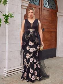 SHEIN Belle Plus Size Black Colorful Floral Print Dress, Holiday Style, Sleeveless And Mermaid Tail, Elegant And Romantic Formal Evening Dress - Multicolor - View 7