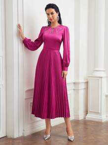 MOTF PREMIUM KEYHOLE NECK RHINESTONE DETAIL LANTERN SLEEVE PLEATED HEM DRESS - Hot Pink - View 5