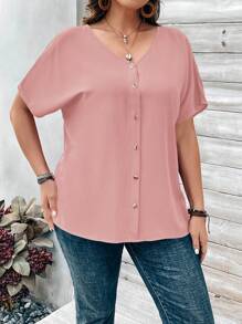 EMERY ROSE Plus Size Women's Orange Button Embellished Short Sleeve Shirt For Spring - Pink - View 6