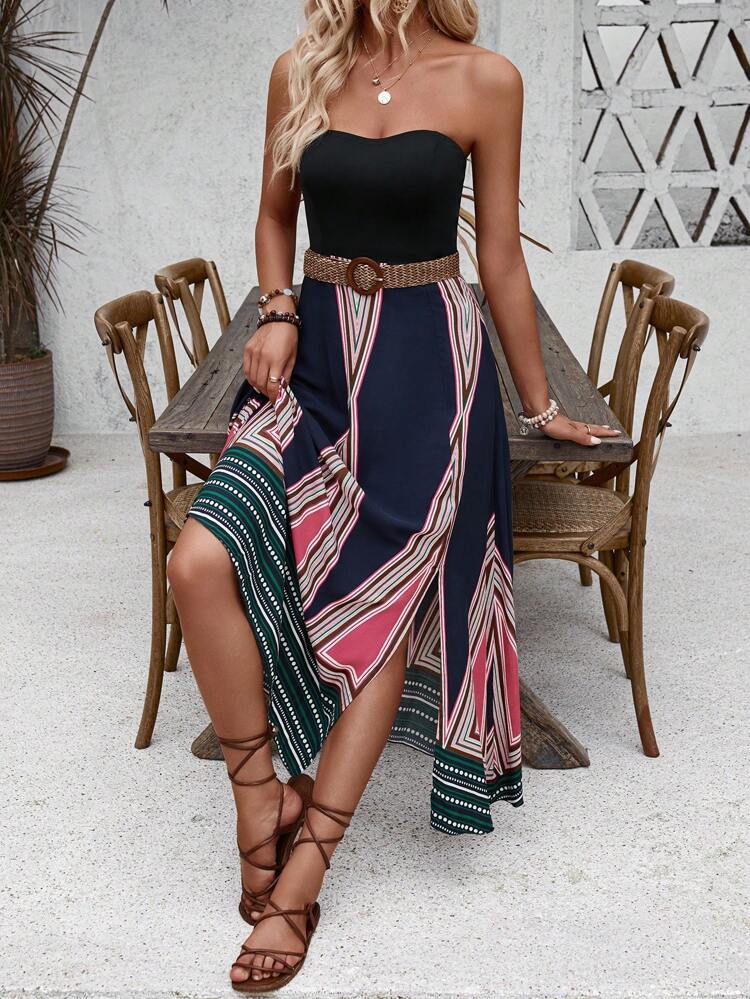 Women's Fashionable Summer Printed Holiday Style Strapless Dress