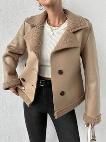 EURMUSE Women's Double Breasted Fleece Jacket - Mocha Brown - View 3