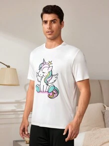 Unicorn Print Men's Round Neck Short Sleeve Top And Solid Color Long Pants Summer Homewear Set In Standard Sizes - Multicolor - View 5