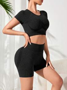 Easithlete Summer Solid Color Round Neck Short Sleeve Top & High Waisted Seamless Shorts Sports Set Workout Women Setwomen Workout Set - Black - View 6
