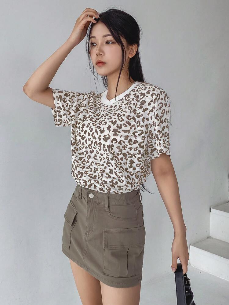Women's Leopard Print Loose Fit Round Neck Short Sleeve T-Shirt Summer