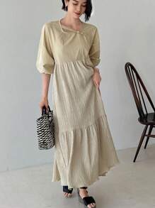 FRIFUL Women's Casual Solid Color Bishop Sleeve Dress With Ruffled Hem Sundress - Apricot - View 1