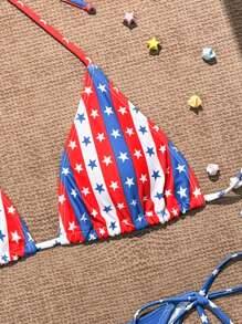 SHEIN Swim Women's USA Flag Print Halter Neck Tie Bra & Bikini Bottom Sexy Bikini Set For Summer Beach, Random Print 4th Of July Bikini Set, For Summer Beach - Multicolor - View 4