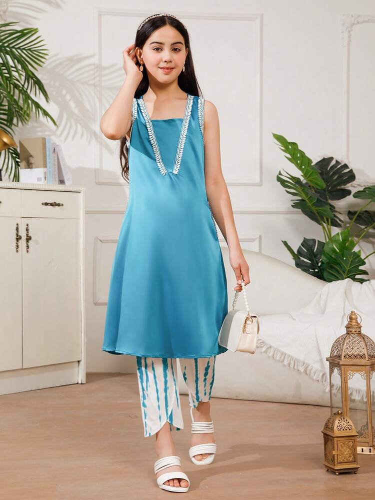 Tween Girl Long Sleeve V Neck Running Top + Casual Cross Casual Pants, Family Matching Outfits (Sold In 3 Separates Sets)