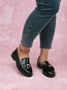 女款圓頭厚底麂皮加厚帶流蘇粗跟懶人鞋，寬碼扁平鞋底，適用於春秋季節