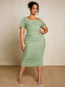 SHEIN BAE 女士加大码优雅纯色方领褶饰紧身连衣裙，夏季，婚礼宾客礼服，女士生日礼服 - 薄荷綠 - 查看 3