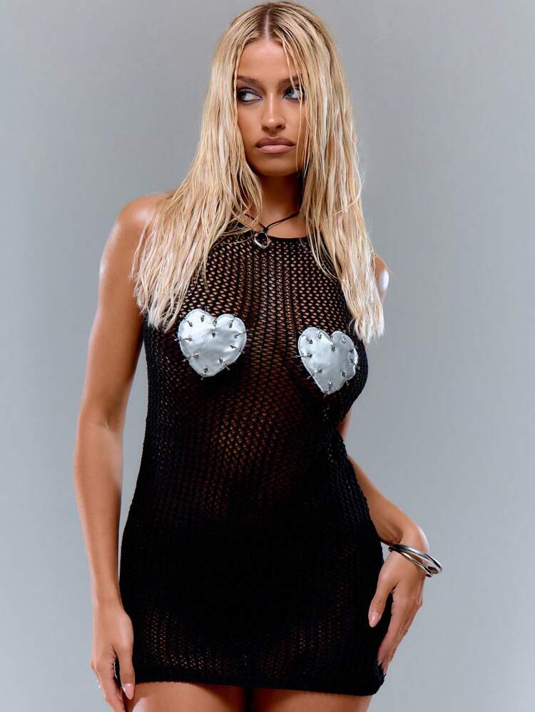 Heart Applique Sheer Knit Bodycon DressSpring, Festival, Concert, Rave, Ibiza, Vacation