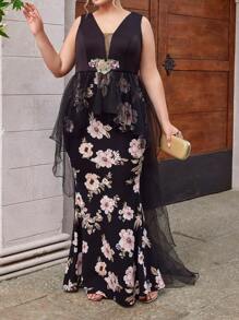 SHEIN Belle Plus Size Black Colorful Floral Print Dress, Holiday Style, Sleeveless And Mermaid Tail, Elegant And Romantic Formal Evening Dress - Multicolor - View 6